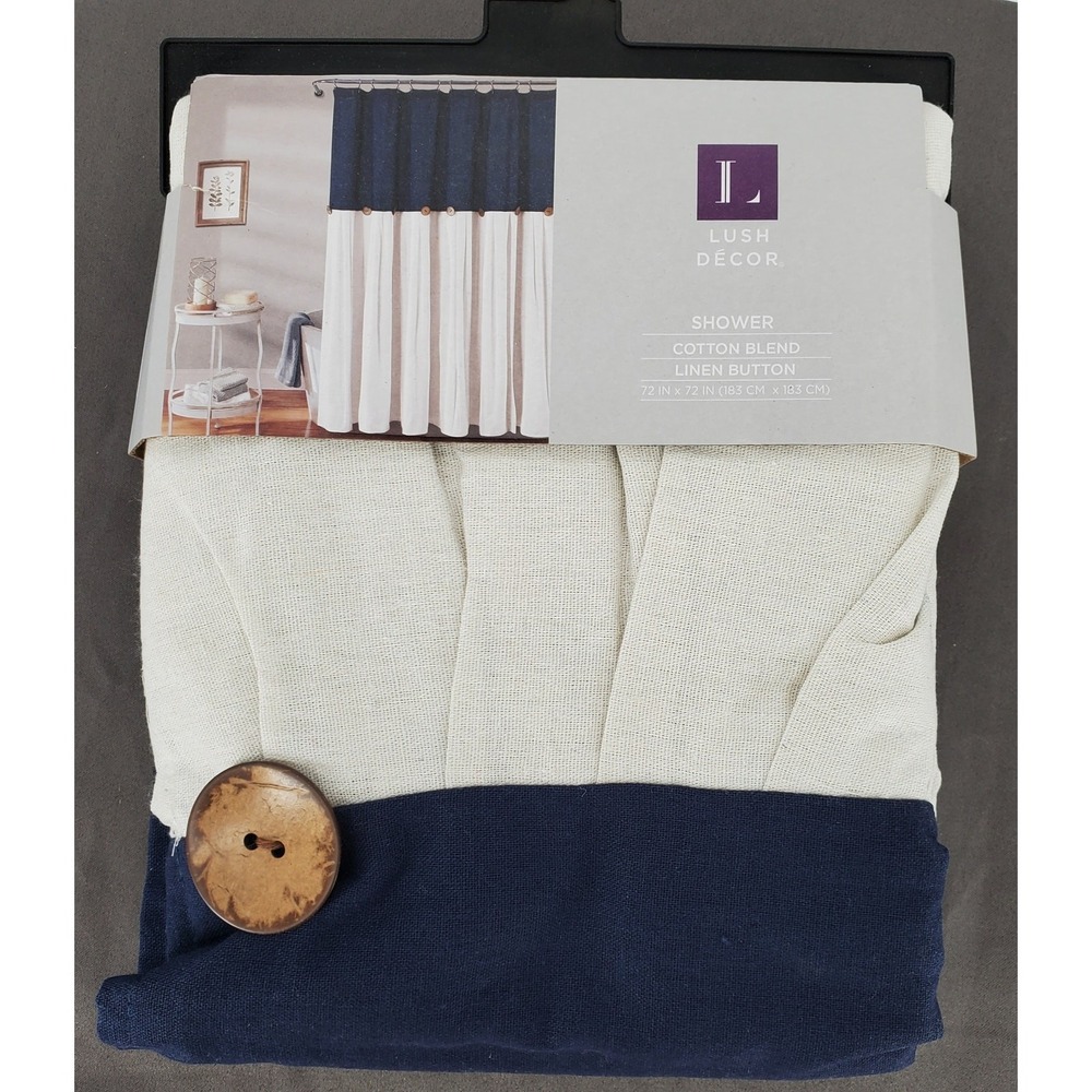 Lush Decor‎ Linen Button Shower Curtain Navy White Cotton Blend 72x72 16T004035